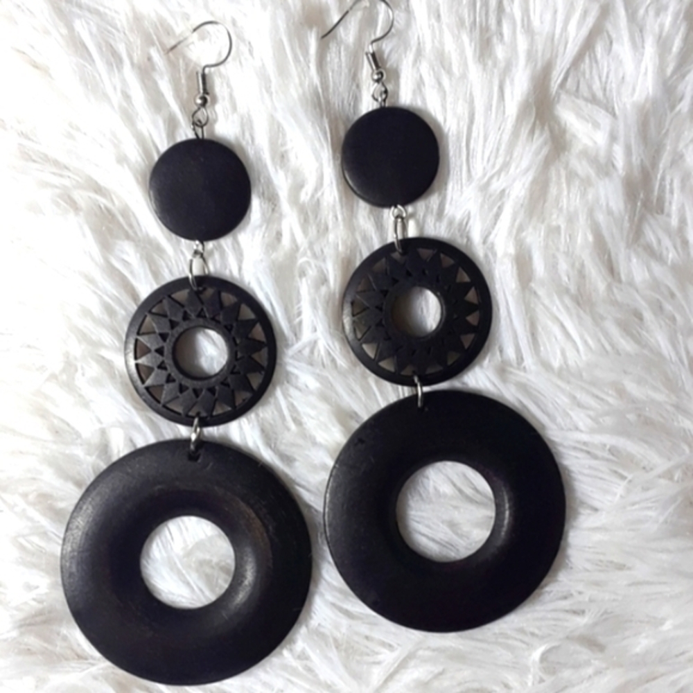 Black Wood Solar Ring Drop Dangle Earrings
